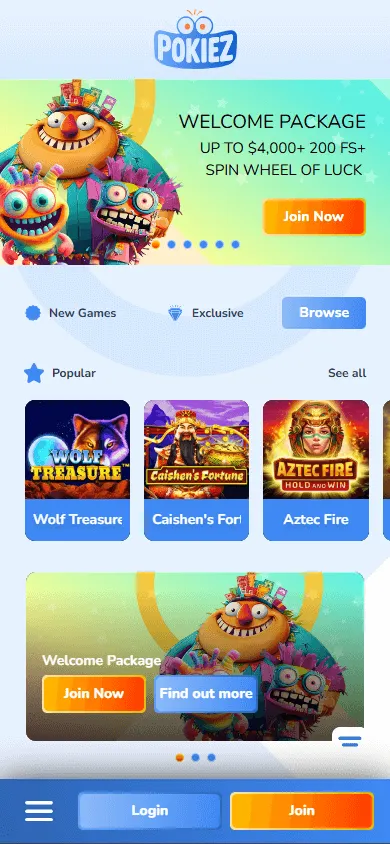Pokiez Casino home view on a mobile browser