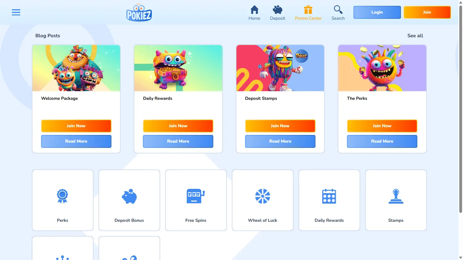 Pokiez Casino promotions view on a desktop browser