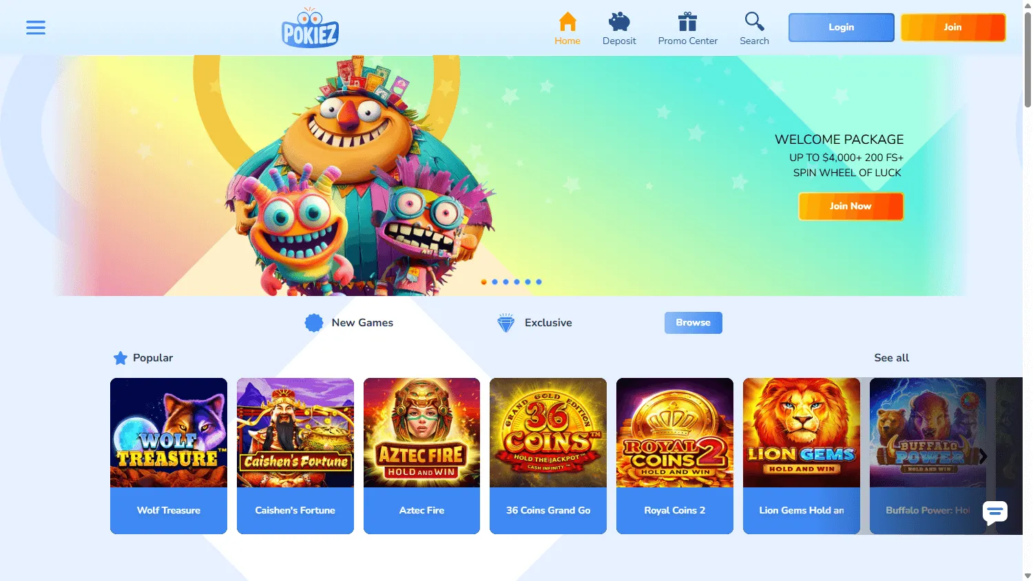 Pokiez Casino home view on a desktop browser